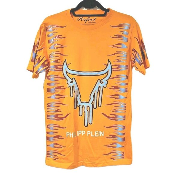 Philipp Plein T-Shirt Men Medium Orange All Over Print Preppy Rockabilly - Picture 1 of 10